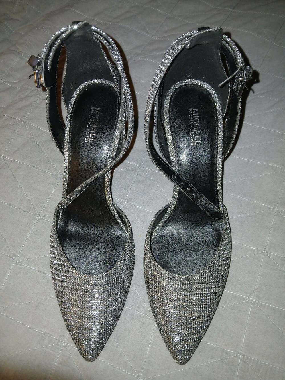 Michael Michael Kors Silver Glitter Ankle Strap Pointed Toe Heels Size 7